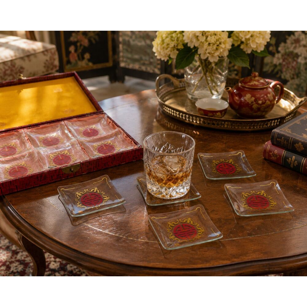 Vintage Hsinchu Glass Coaster Set Chinese Symbol Mid Century Barware  6